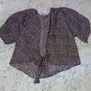 West Key Brown and Blue Leopard Print Tie-Front Blouse